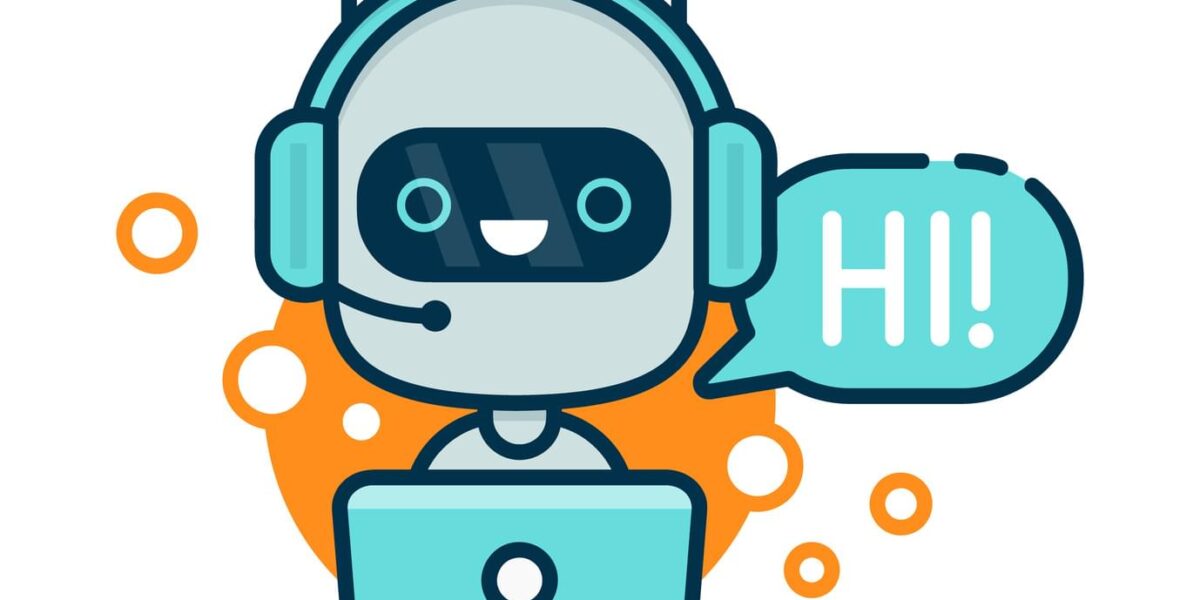 Cute smiling robot, chat bot say hi. Vector modern line outline flat style cartoon character illustration. Isolated on white background.Speak bubble. Voice support, virtual online help support concept
